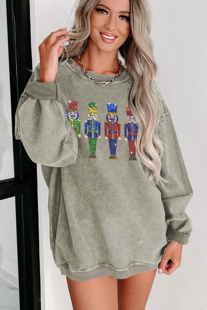 Green Sparkling Nutcracker Doll Oversized Corduroy Sweatshirt
