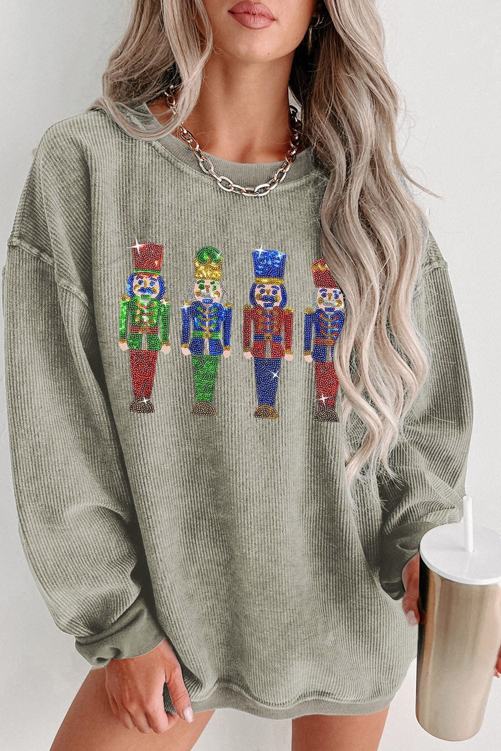Green Sparkling Nutcracker Doll Oversized Corduroy Sweatshirt