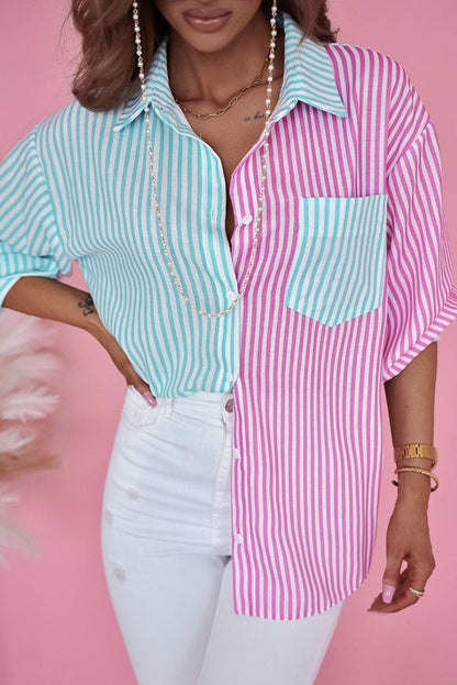 Green Striped Colorblock Collared Shirt
