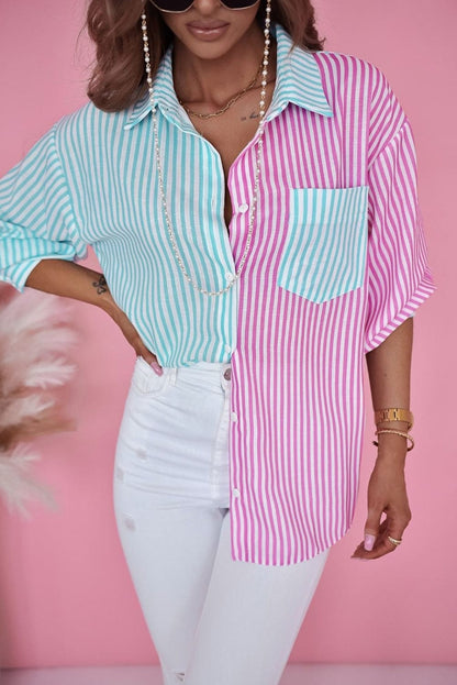 Green Striped Colorblock Collared Shirt