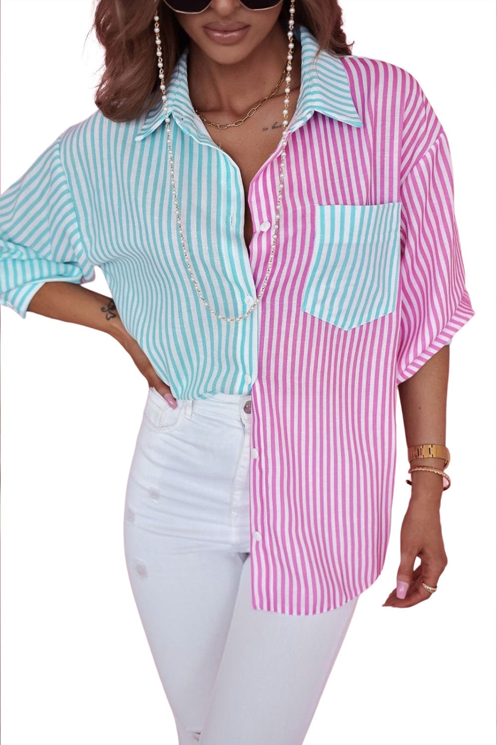 Green Striped Colorblock Collared Shirt