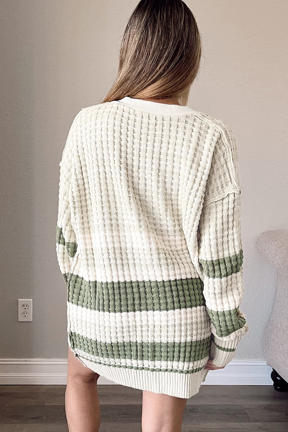 Green Striped Knit Button-Up Cardigan