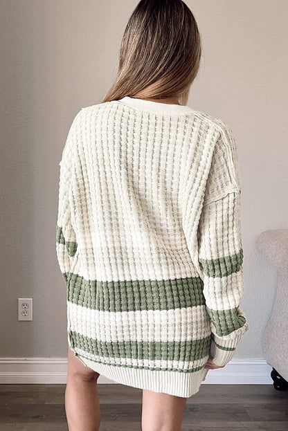 Green Striped Knit Button-Up Cardigan