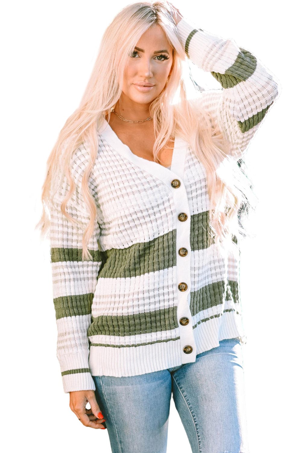 Green Striped Knit Button-Up Cardigan