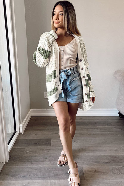 Green Striped Knit Button-Up Cardigan