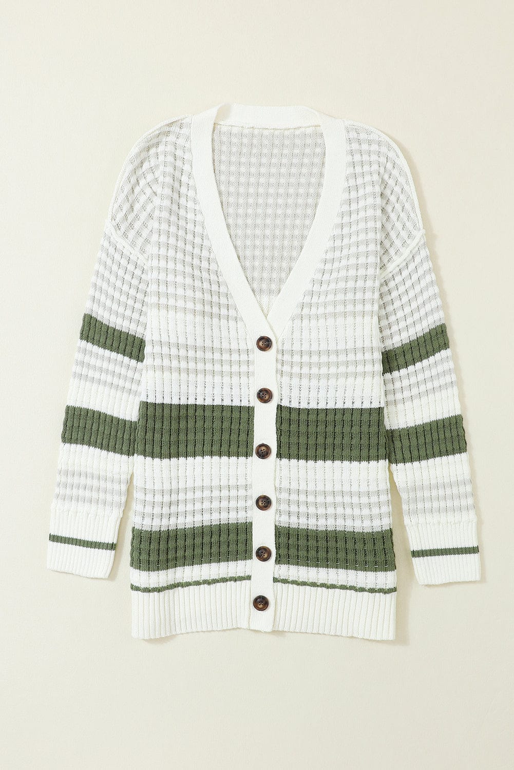 Green Striped Knit Button-Up Cardigan