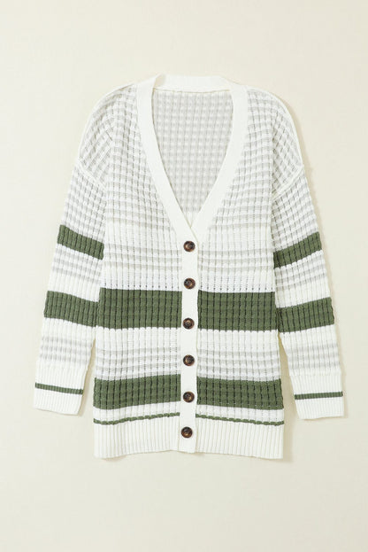 Green Striped Knit Button-Up Cardigan