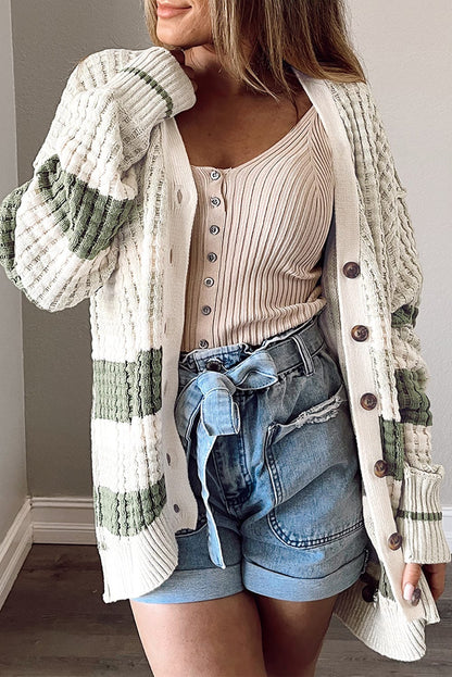 Green Striped Knit Button-Up Cardigan