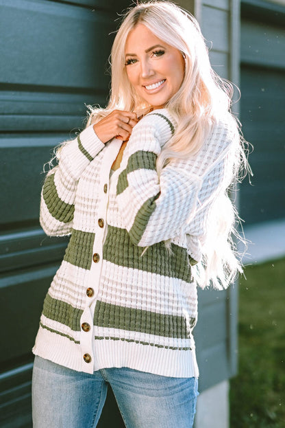 Green Striped Knit Button-Up Cardigan
