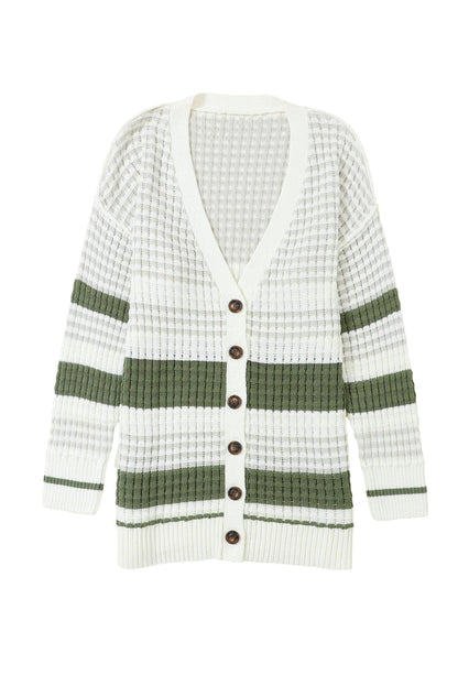 Green Striped Knit Button-Up Cardigan