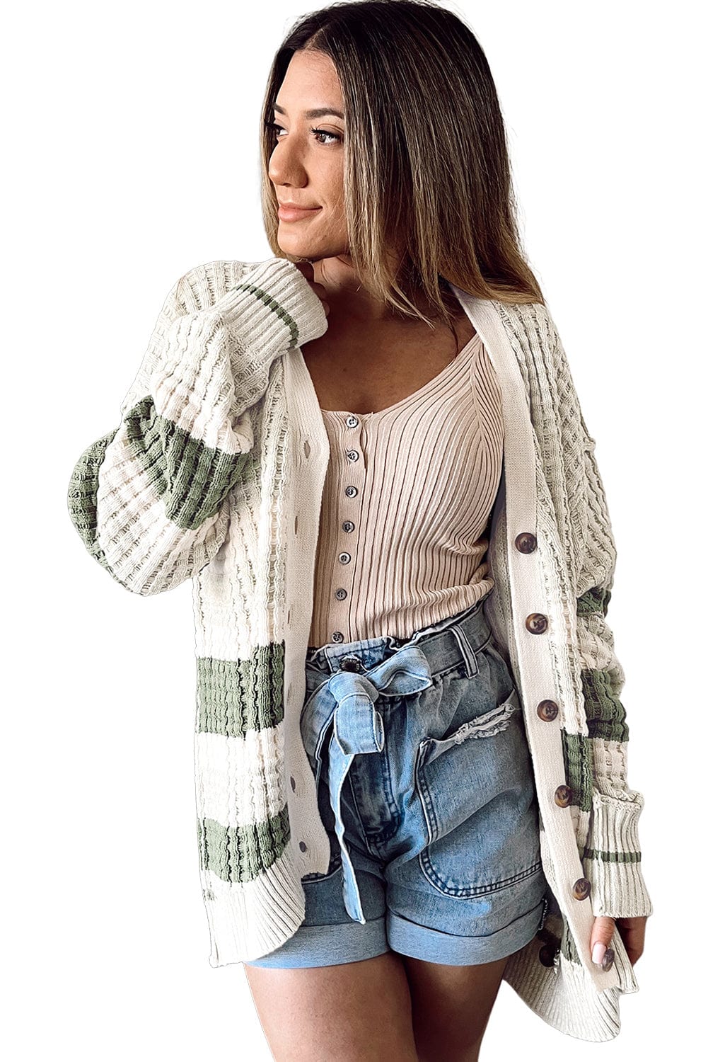Green Striped Knit Button-Up Cardigan