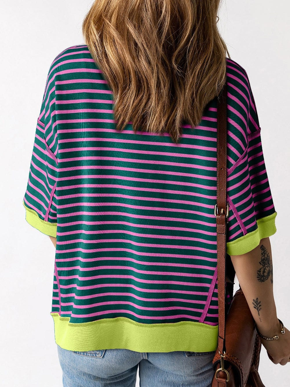 Green Striped Oversized High Low T-Shirt with Contrast Trim