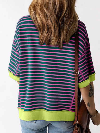 Green Striped Oversized High Low T-Shirt with Contrast Trim