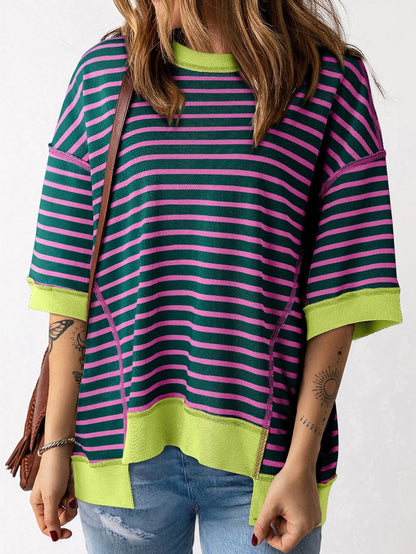 Green Striped Oversized High Low T-Shirt with Contrast Trim