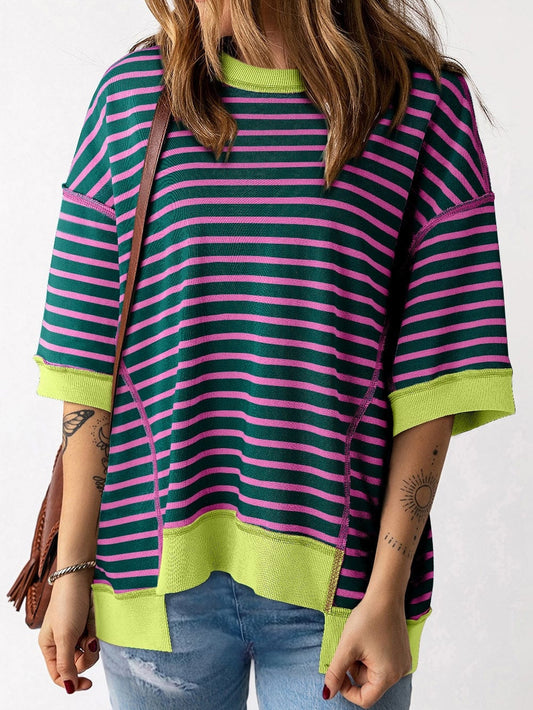 Green Striped Oversized High Low T-Shirt with Contrast Trim