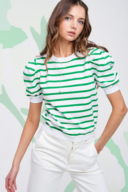 Green Striped Puff Sleeve Southern Belle Tee