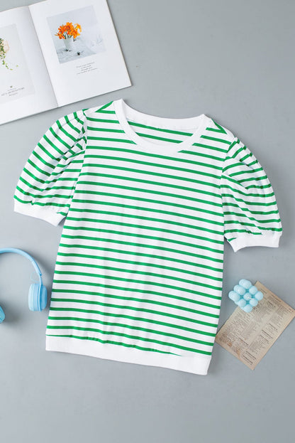 Green Striped Puff Sleeve Southern Belle Tee