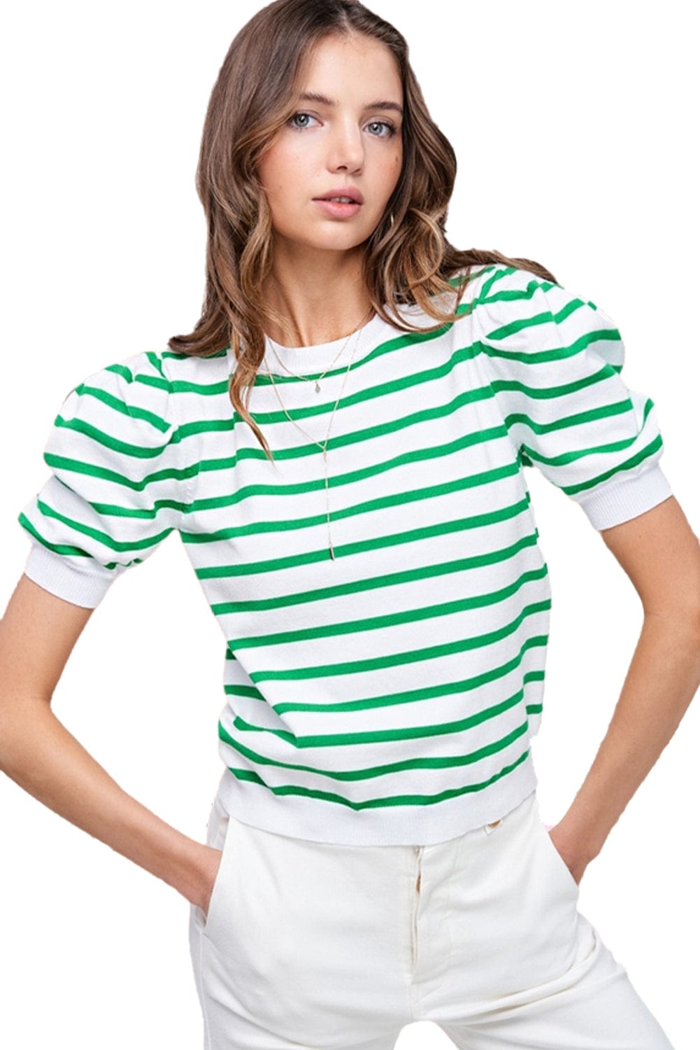 Green Striped Puff Sleeve Southern Belle Tee