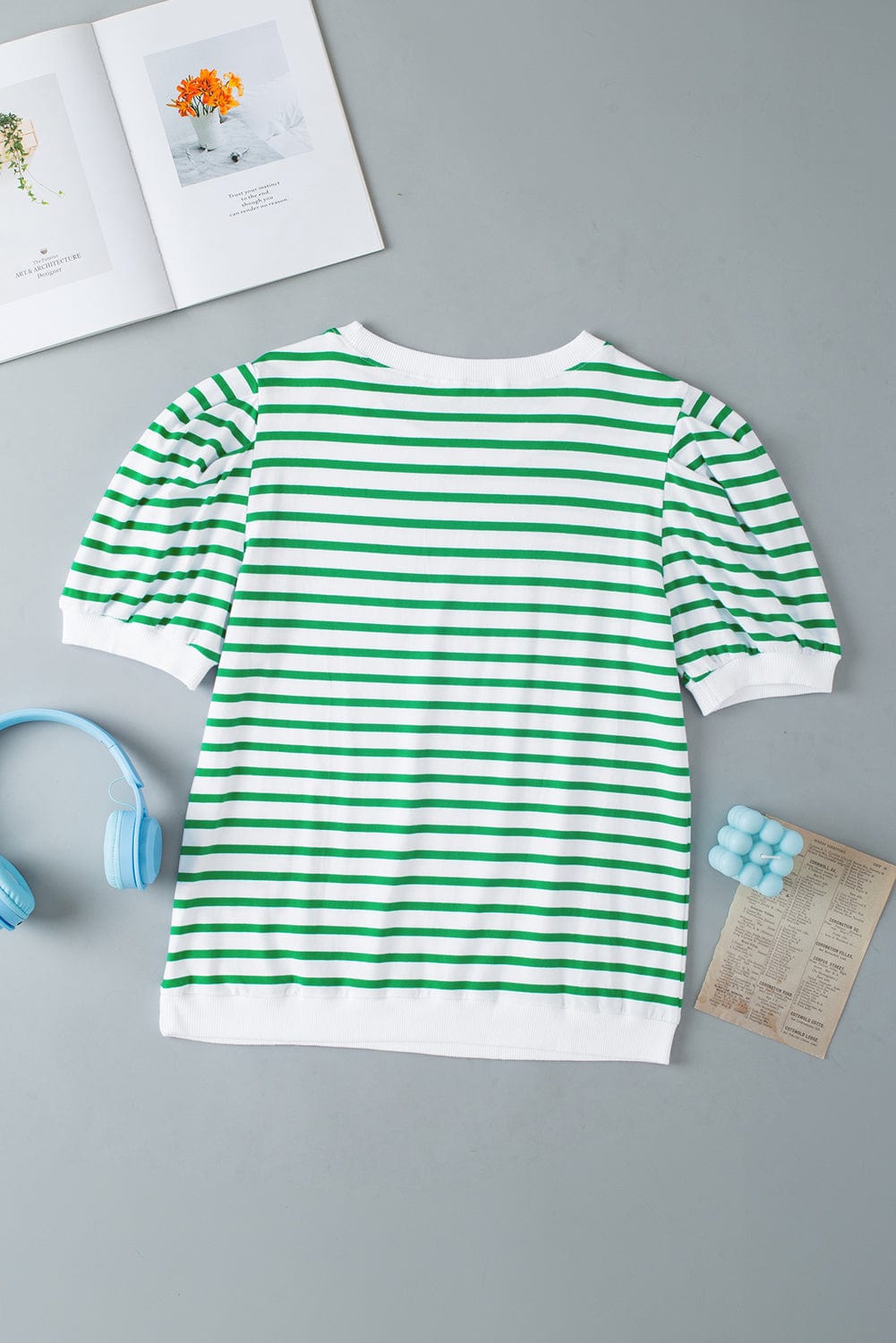 Green Striped Puff Sleeve Southern Belle Tee
