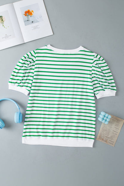 Green Striped Puff Sleeve Southern Belle Tee