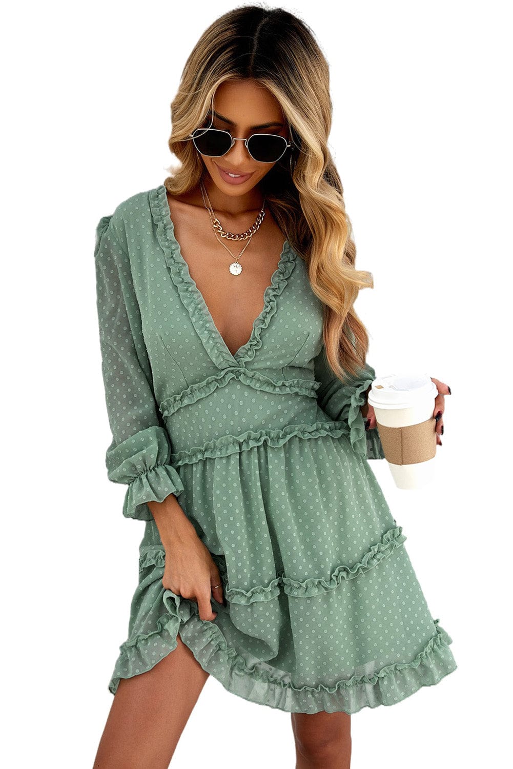 Green Swiss Dot Mini Dress with Layered Ruffles and Puff Sleeves