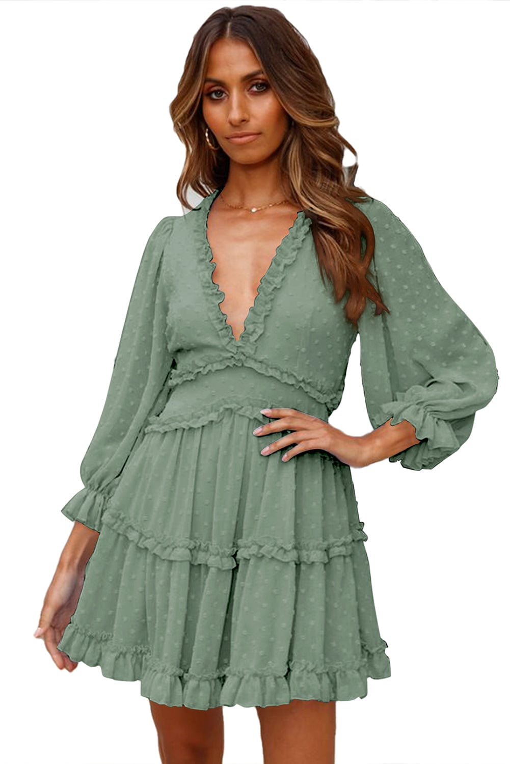 Green Swiss Dot Mini Dress with Layered Ruffles and Puff Sleeves