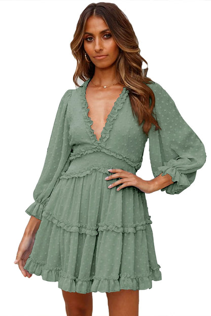 Green Swiss Dot Mini Dress with Layered Ruffles and Puff Sleeves