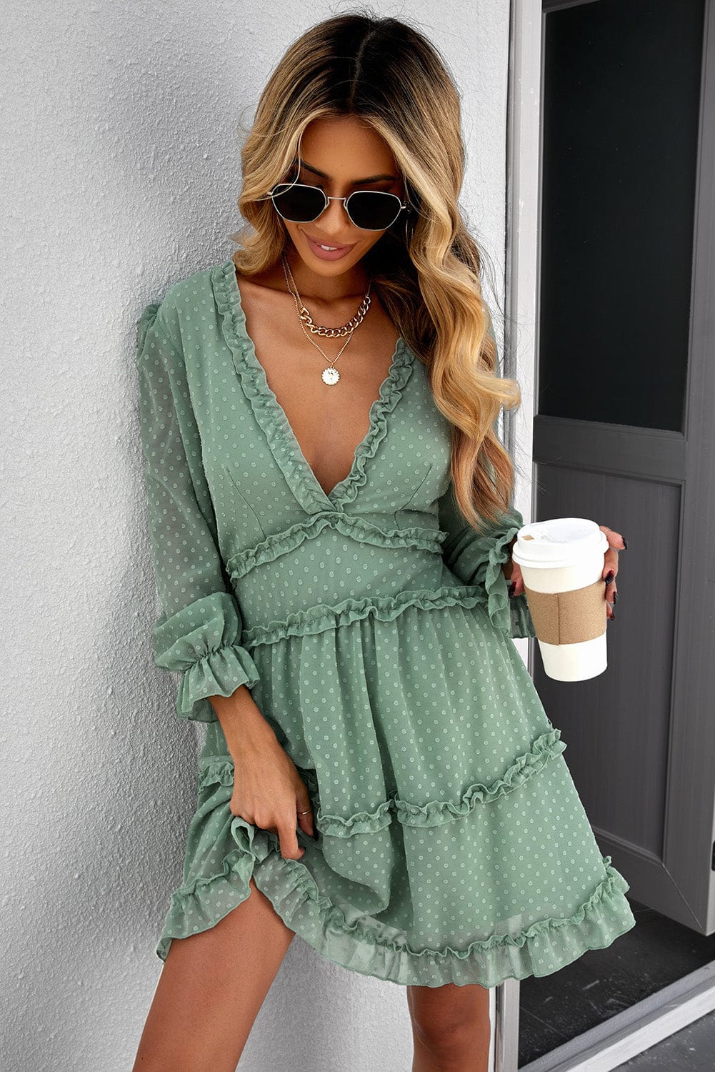 Green Swiss Dot Mini Dress with Layered Ruffles and Puff Sleeves