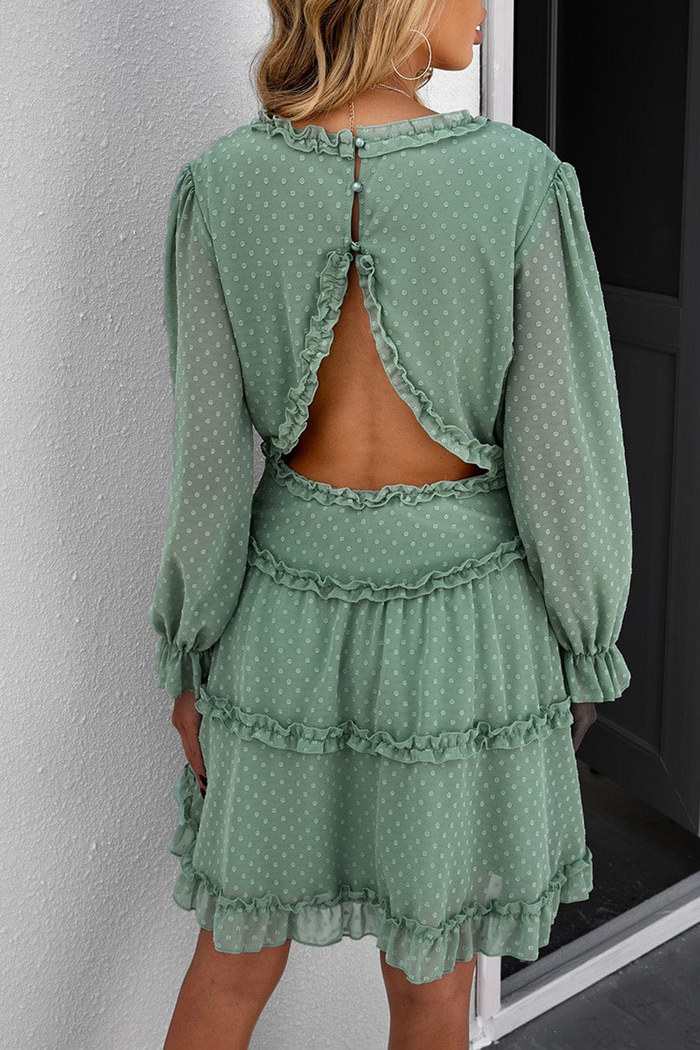 Green Swiss Dot Mini Dress with Layered Ruffles and Puff Sleeves