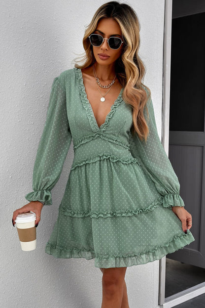 Green Swiss Dot Mini Dress with Layered Ruffles and Puff Sleeves
