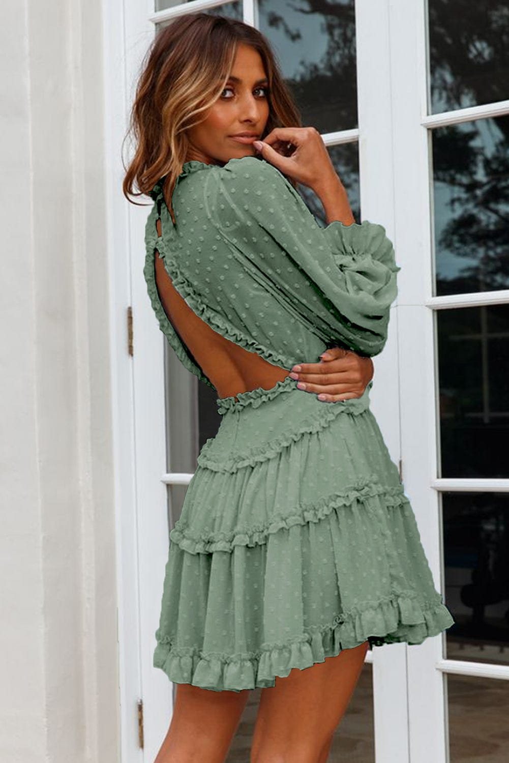 Green Swiss Dot Mini Dress with Layered Ruffles and Puff Sleeves