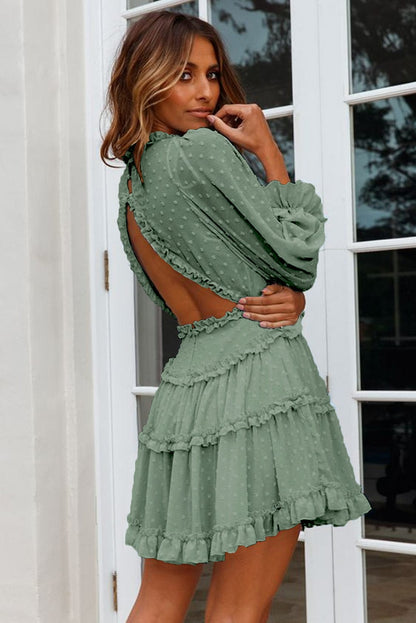 Green Swiss Dot Mini Dress with Layered Ruffles and Puff Sleeves