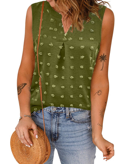 Green Swiss Dot V Neck Tank Top with Elegant Notched Detail