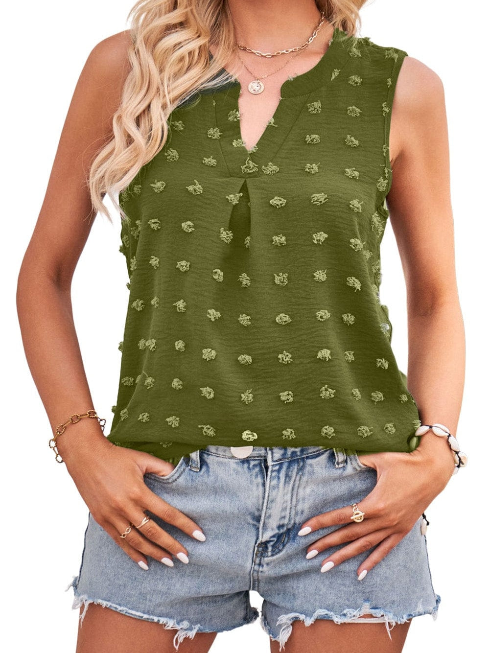 Green Swiss Dot V Neck Tank Top with Elegant Notched Detail