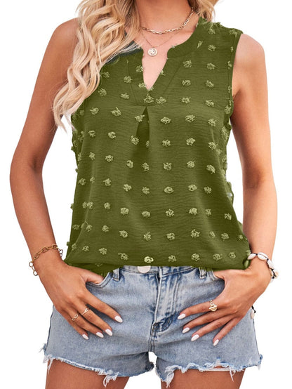 Green Swiss Dot V Neck Tank Top with Elegant Notched Detail