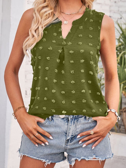Green Swiss Dot V Neck Tank Top with Elegant Notched Detail