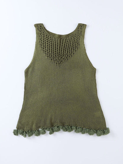 Green Textured Crochet Tassel Knit Top