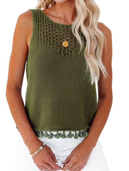 Green Textured Crochet Tassel Knit Top