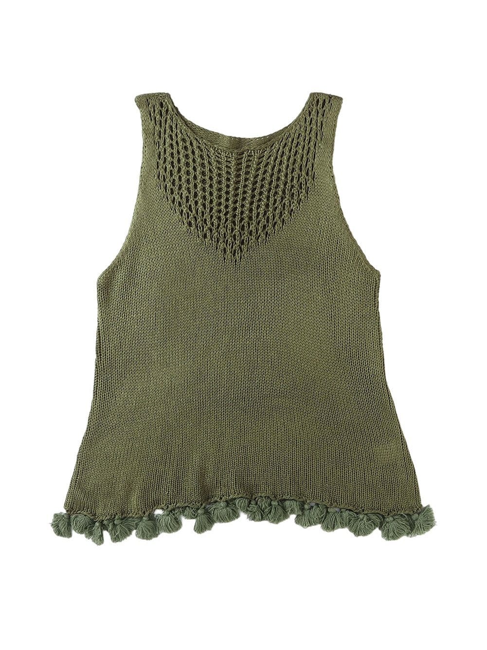 Green Textured Crochet Tassel Knit Top