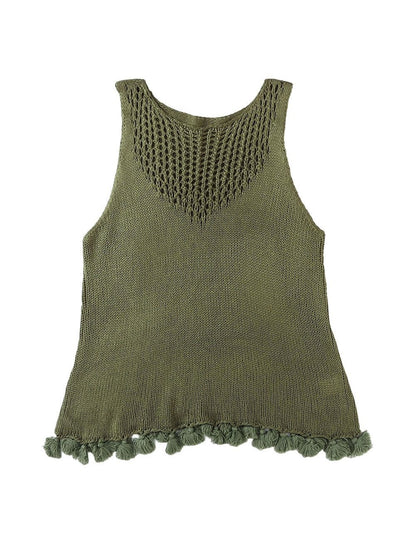 Green Textured Crochet Tassel Knit Top