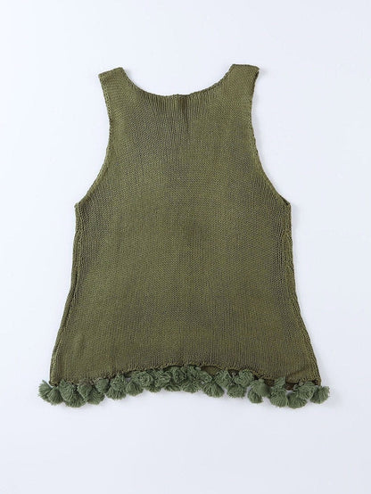 Green Textured Crochet Tassel Knit Top