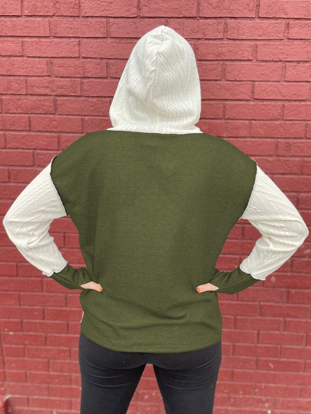 Green Textured Kangaroo Pocket Hoodie with Button Details