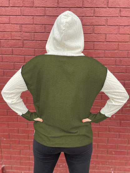Green Textured Kangaroo Pocket Hoodie with Button Details