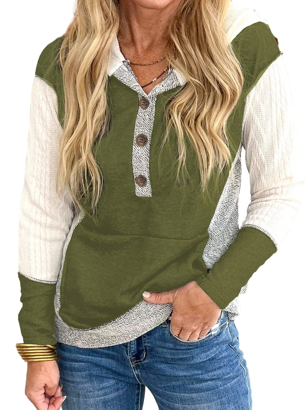 Green Textured Kangaroo Pocket Hoodie with Button Details