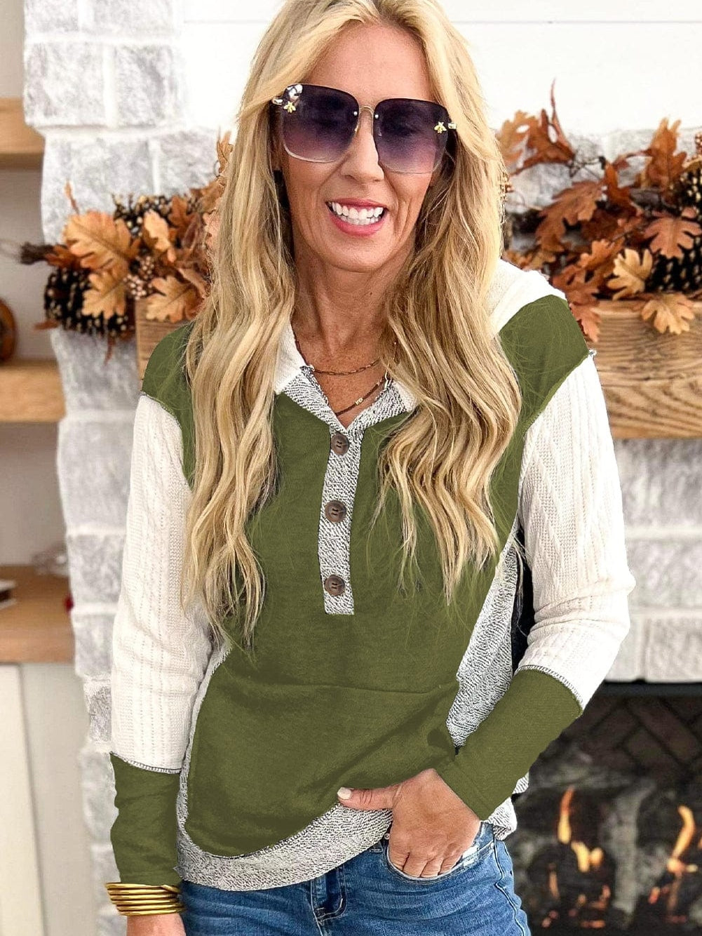 Green Textured Kangaroo Pocket Hoodie with Button Details