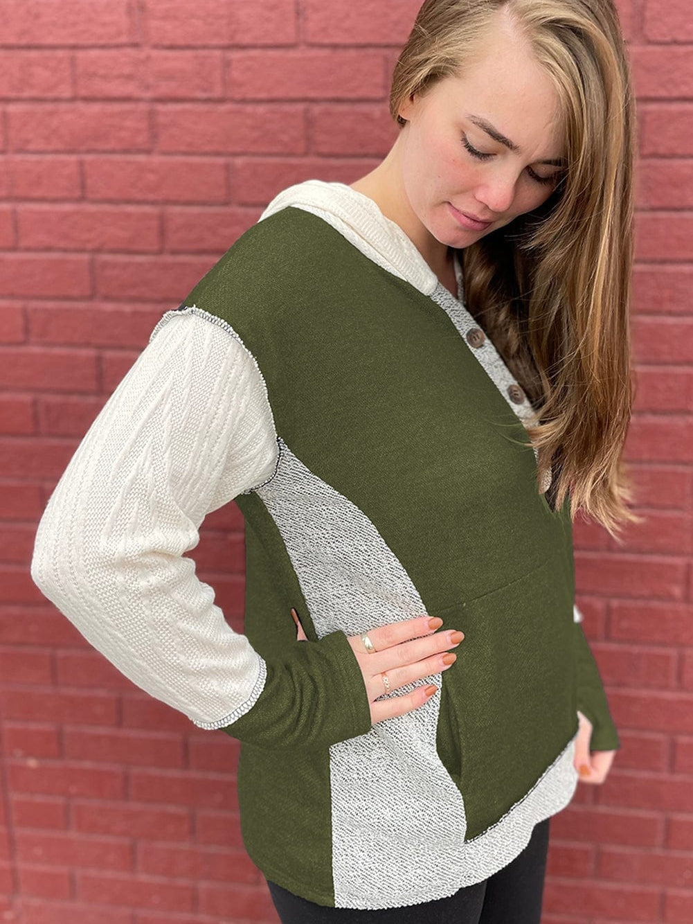 Green Textured Kangaroo Pocket Hoodie with Button Details