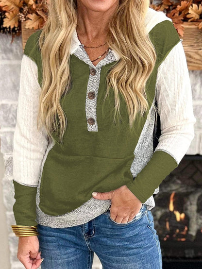 Green Textured Kangaroo Pocket Hoodie with Button Details