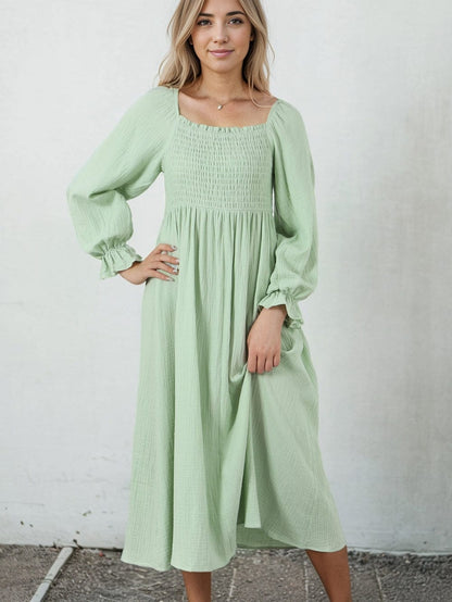 Green Textured Square Neck Bubble Sleeve Maxi Dress