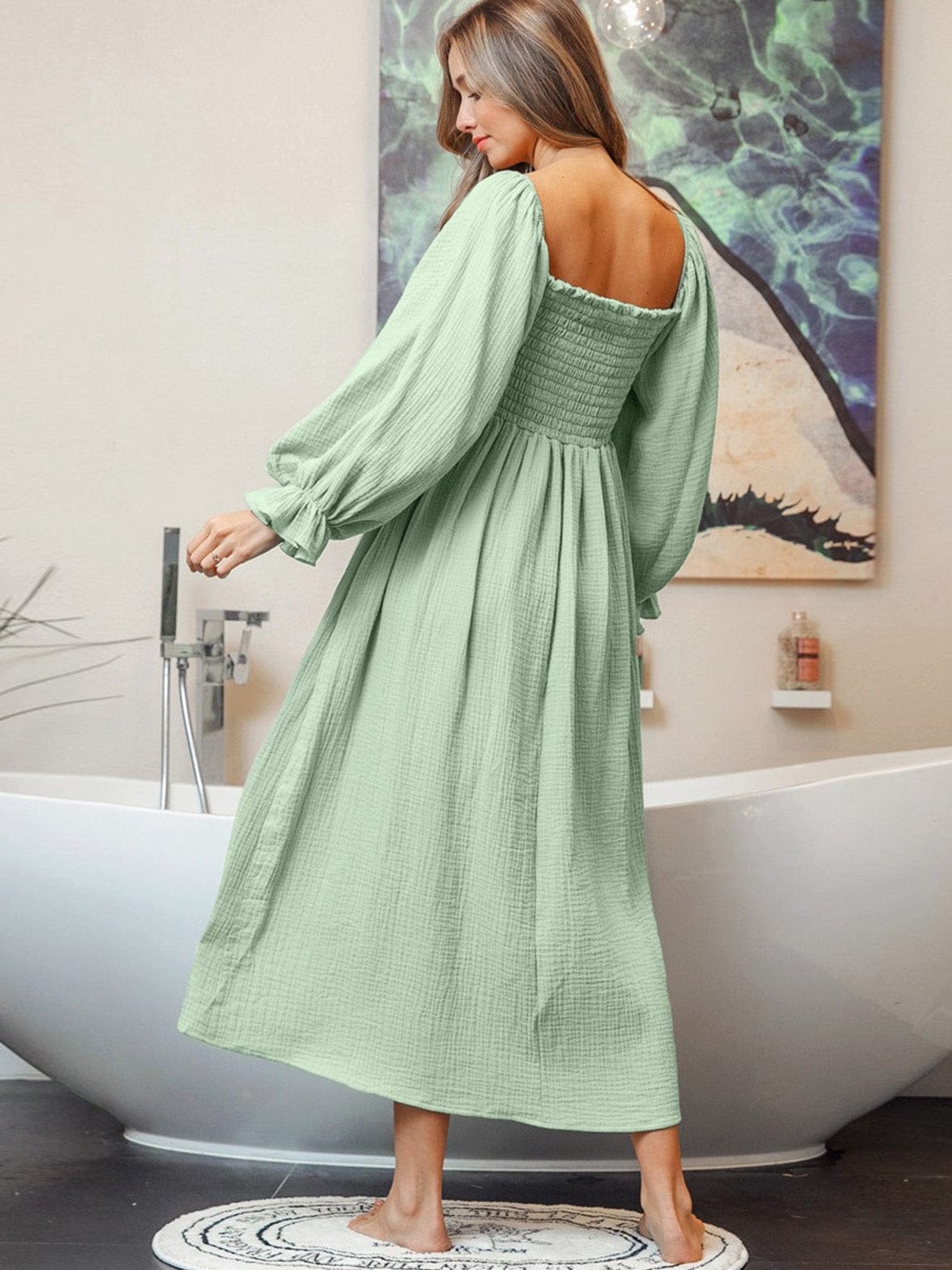 Green Textured Square Neck Bubble Sleeve Maxi Dress