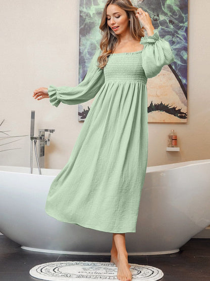 Green Textured Square Neck Bubble Sleeve Maxi Dress